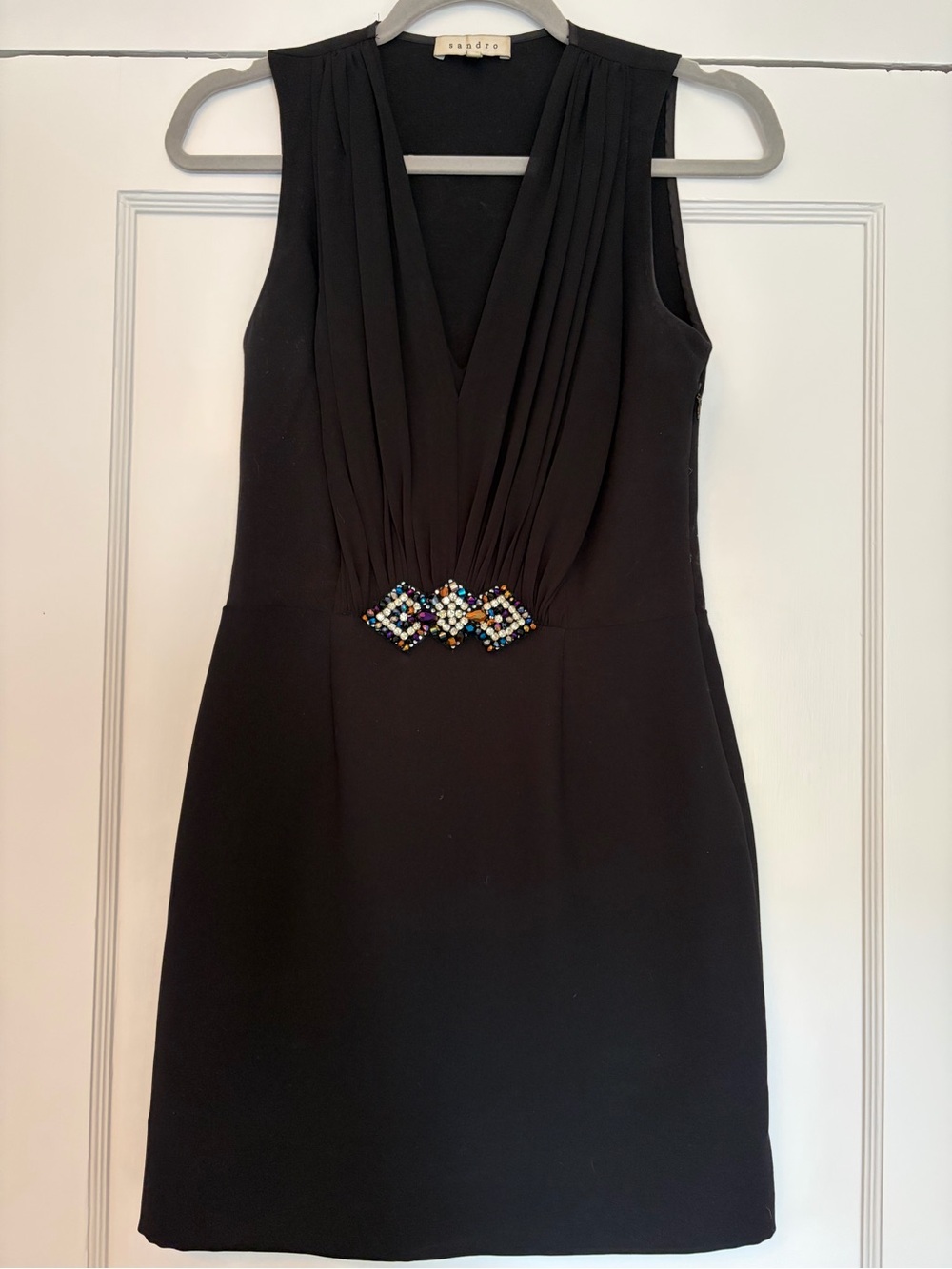Sandro Black Sleeveless V-Neck Mini Dress with Beaded Accent